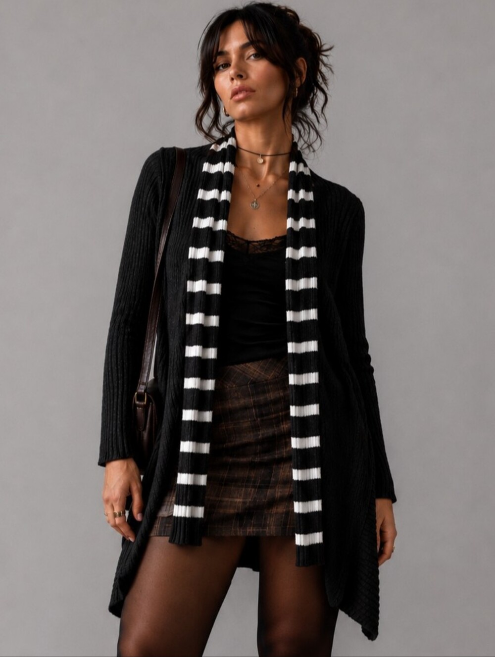 H&M Ribbed Asymmetrical Cardigan Gray Striped Cozy Minimalist Layering Sweater S